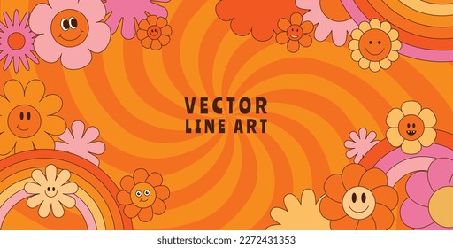 Vector horizontal banner with copy space for text - design elements and shapes for abstract backgrounds and modern art - hippie groovy vibes with flowers and waves