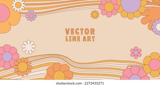 Vector horizontal banner with copy space for text - design elements and shapes for abstract backgrounds and modern art - hippie groovy vibes with flowers and waves