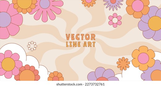 Vector horizontal banner with copy space for text - design elements and shapes for abstract backgrounds and modern art - hippie groovy vibes with flowers and waves