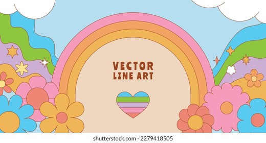 Vector horizontal banner with copy space for text - design elements and shapes for abstract backgrounds and modern art - hippie groovy vibes with flowers and waves