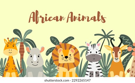 Vector horizontal banner with cute African animals. Wild animals among tropical plants.  Zebra, lion, giraffe, antelope and rhinoceros in flat cartoon style. Jungle.