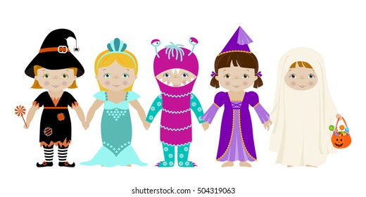 Vector horizontal banner with cute little girls in halloween costumes of witch, mermaid, monster, fairy and ghost.