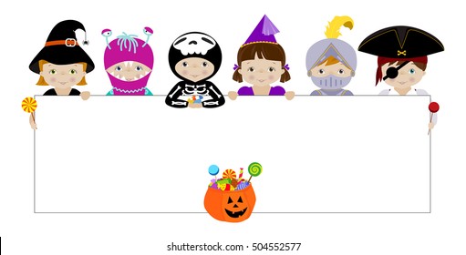 Vector horizontal banner with cute little kids in halloween costumes of witch, skeleton, monster, fairy and pirate behind white blank placard ready for your message.