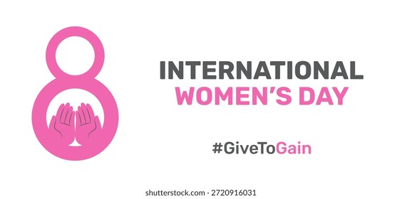 Diseño de Anuncio Horizontal de Vector para celebrar la campaña #Givetogain 2026, un Día Internacional de la Mujer el 8 de marzo con el poder de las niñas, el feminismo y el activismo. Palmas abiertas simbólicas, manos dando un gesto.