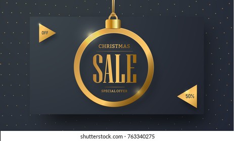 Vector horizontal banner design for Christmas sale. Template header for the site with a black background and gold balls and text.