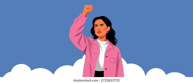 Vector Horizontal Anuncio de una mujer decidida y segura de sí misma levantando el puño contra el cielo. Fuerza, empoderamiento, activismo, feminismo. Para campañas sociales, Día de la Mujer, 8 de marzo, medios de comunicación