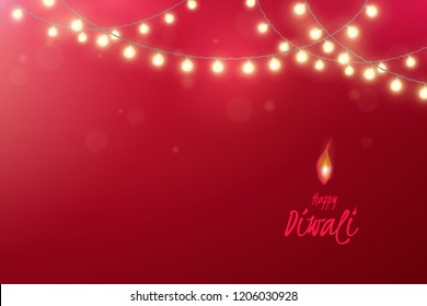 Vector horizontal banner for festival of lights Diwali with border of realistic light garlands. Festive red background for design of flyer of Indian Hindu holiday Deepavali with shiny glowing bulbs.