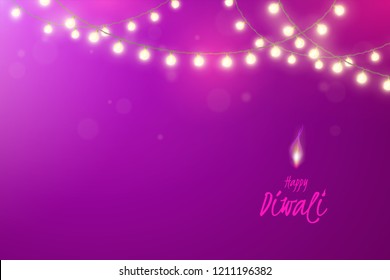 Vector horizontal banner for festival of lights Diwali with border of realistic light garlands. Festive purple background for design of flyer of Indian Hindu holiday Deepavali with shiny glowing bulbs