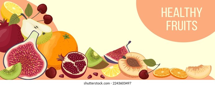 Vector horizontal banner with fruits. Summer illustration about healthy eating and fresh fruits.