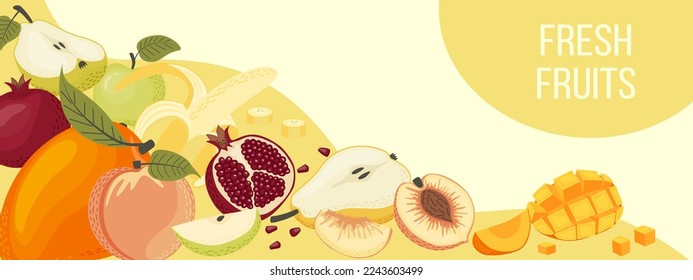 Vector horizontal banner with fruits. Summer illustration about healthy eating and fresh fruits.