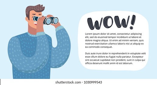 Vector horizontal banner with funny cute colorful funny illustration of person looking through a spyglass, scanning the horizon for new marketing opportunities or spying on the competition. 
