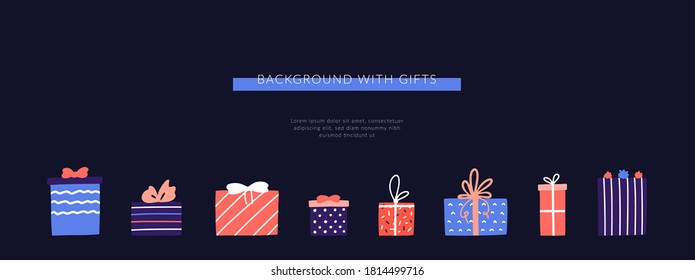 Vector horizontal banner with gift boxes presents. Template with copy space.