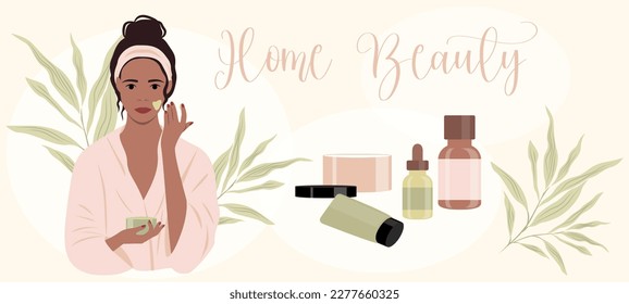 Vector horizontal banner of a girl in a bathrobe applying cream on her face and cosmetics. Illustration concept of cosmetology, beauty, home care, beauty treatments at home.