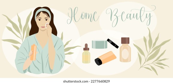 Vector horizontal banner of a girl in a bathrobe cleaning her face and cosmetics. Illustration concept of cosmetology, beauty, home care, beauty treatments at home.