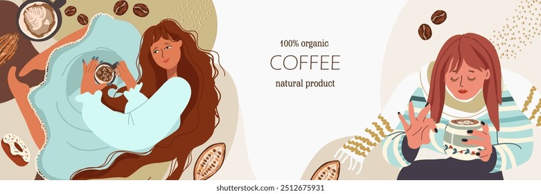 Vector horizontal banner with girls characters with coffee cups, abstract, stained, hand drawn illustration.