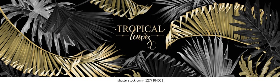 Vector horizontal banner with gold, silver and black tropical leaves on dark background. Best as web banner