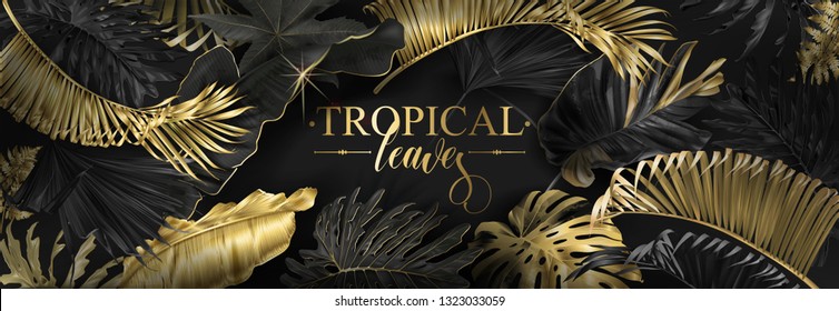 Vector horizontal banner with gold, silver and black tropical leaves on dark background. Luxury exotic botanical design for cosmetics, spa, perfume, health care products, wedding. Best as web banner