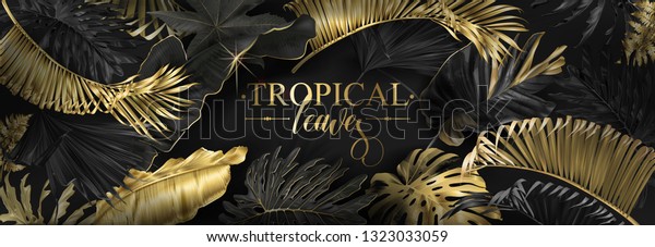 Vector horizontal wallpaper with gold, silver and black tropical leaves on dark background. Luxury exotic botanical design