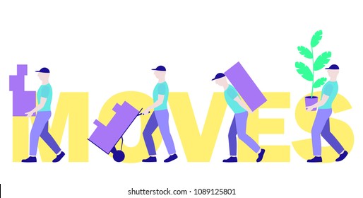 vector horizontal banner group of movers carrying boxes, moving a new house, moving office, courier delivery