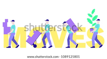 vector horizontal banner group of movers carrying boxes, moving a new house, moving office, courier delivery
