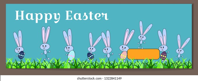 Vector horizontal banner for Happy Easter with painted eggs and bunnies. Rabbits hold eggs with a floral pattern. Ornament of the evil grass. Place for text