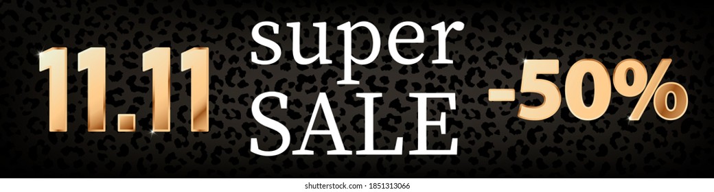 Banner horizontal vectorial, cabecera con números dorados 11.11 para el Día Mundial de la Compra. 11.11 gran venta global sobre el fondo oscuro de la huella de leopardo. Diseño para Noviembre vacaciones de compras chinas, ofertas especiales