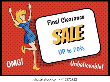 vector horizontal banner with illustration of a retro girl and sale text