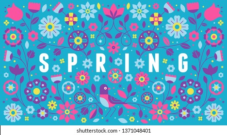 Vector horizontal banner with illustration with text spring in simple flat geometric and linear style - frame with decorative flowers, leaves - design template for covers, banners, packaging 