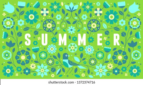 Vector horizontal banner with illustration with text summer in simple flat geometric and linear style - frame with decorative flowers, leaves - design template for covers, banners, packaging 