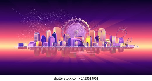 Vector horizontal banner illustrations, night city, neon light, cityscape, in red-violet tones, street panorama, buildings on the coastline are reflected in the water
