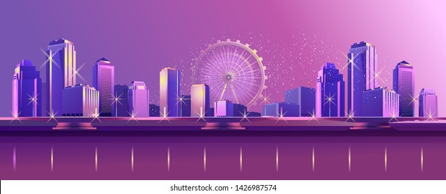 Vector horizontal banner illustrations, night city, neon light, cityscape, in red-violet tones, street panorama, buildings on the coastline are reflected in the water
