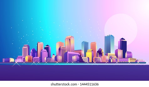 Vector horizontal banner illustrations, night city, neon light, cityscape, in red-violet tones, street panorama, buildings on the coastline are reflected in the water