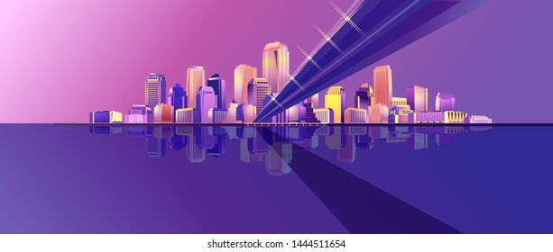 Vector horizontal banner illustrations, night city, neon light, cityscape, in red-violet tones, street panorama, buildings on the coastline are reflected in the water