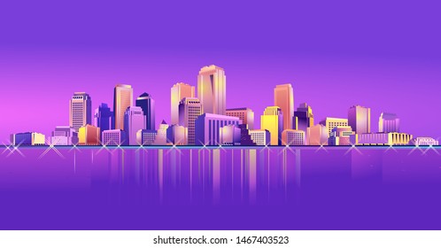 Vector horizontal banner illustrations, night city, neon light, cityscape, in red-violet tones, street panorama, buildings on the coastline are reflected in the water