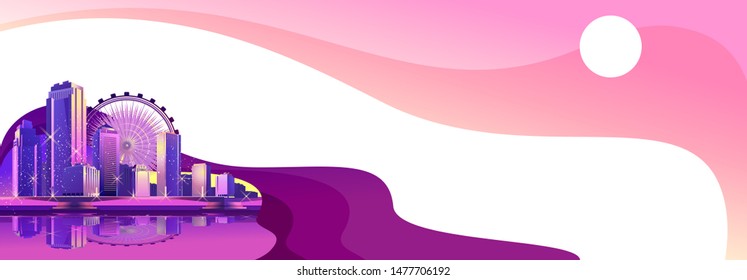 Vector horizontal banner illustrations, night city, neon light, cityscape, in red-violet tones, street panorama, buildings on the coastline are reflected in the water