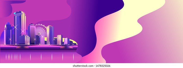Vector horizontal banner illustrations, night city, neon light, cityscape, in red-violet tones, street panorama, buildings on the coastline are reflected in the water
