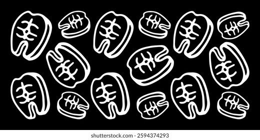 Vector horizontal banner image, white outline, pieces of fish steaks of different mass on a black background