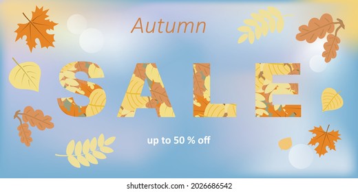 Vector of horizontal banner with inscription" autumn sale" and bright leaves on beautiful blue background with bubbles.Isolated elements