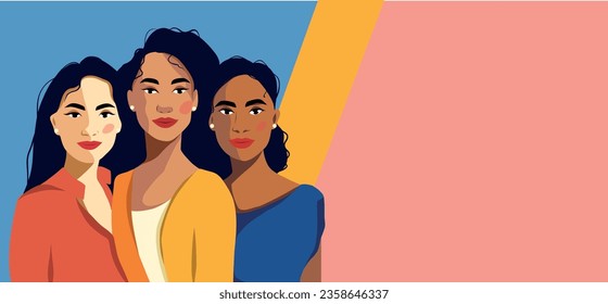 Vector horizontal banner for International Women's Day, women activists. Different cultures and nationalities.Gender equality and women empowerment movement concept