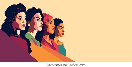 Vector horizontal banner for International Women's Day, women of different cultures and nationalities stand side by side on a light background. Movement for gender equality and women's empowerment