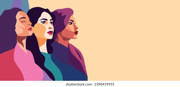 Vector horizontal banner for International Women's Day, women of different cultures and nationalities stand side by side on a beige background. Movement for gender equality and women's empowerment