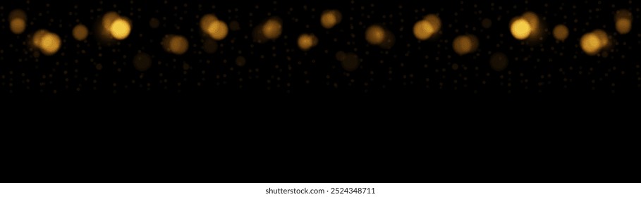 vector horizontal banner many Golden bokeh circles, golden particle on black background. Yellow and Orange light circular design along the top edge of the banner. Background with copyright.