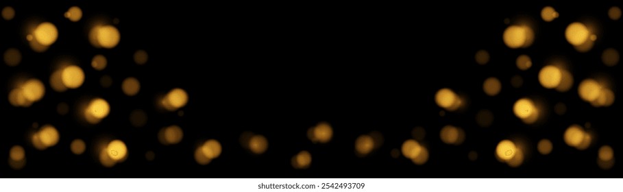 Vector horizontal banner many Golden bokeh circles, golden particle on black background. Yellow and Orange light circular design along the down edge of the banner. Background with copy space.