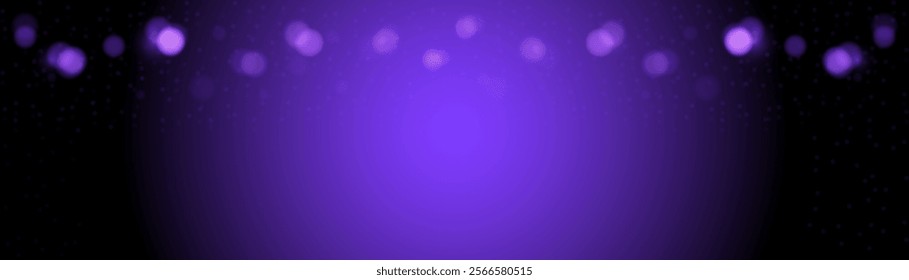 vector horizontal banner many violet, lilac, violet bokeh circles, golden particle on black background. Light circular design along the top edge of the banner. Background with copy space.