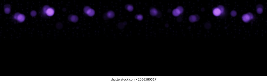 vector horizontal banner many violet, lilac, violet bokeh circles, golden particle on black background. Light circular design along the top edge of the banner. Background with copy space.