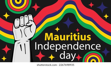 Vector horizontal banner for Mauritius Independence Day  celebrated every year on March 12. Mauritius Independence Day background with fist pump icon, stars and Mauritius flag colored stripes.