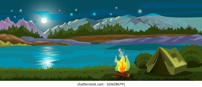 Vector horizontal banner with night mountains, lake, campfire, tent, moon and stars. Camping stock background with forest and riverbanks. Landscape advertisement for recreation and tourism 