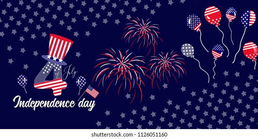 vector horizontal banner ofIndependence of USA celebration with balloons fireworks and stars