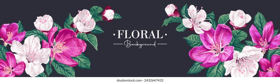 Vector horizontal banner on dark background with pink and white apple blossoms. Spring botanical design for banners in social networks, advertising, packaging design of cosmetics, spa, perfume.