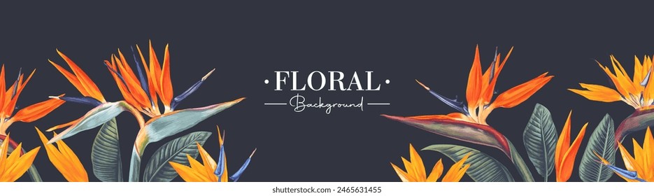 Anuncio Horizontal de Vector sobre un fondo oscuro con flores Strelitzia reginae de color amarillo brillante y naranja. Diseño botánico tropical para Anuncios de medios sociales, publicidad, cosméticos, spa, paquete de perfume